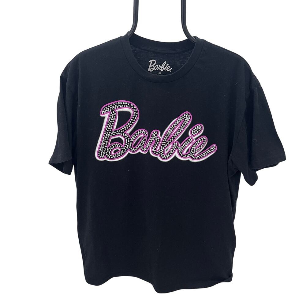 Mattel Barbie Black Barbie T-shirt With Pink Rhinestone Large Logo ~ Women's XL